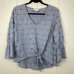 Waverly Grey Blue High-low Tie Front V-neck Top Metallic Woven Accents S